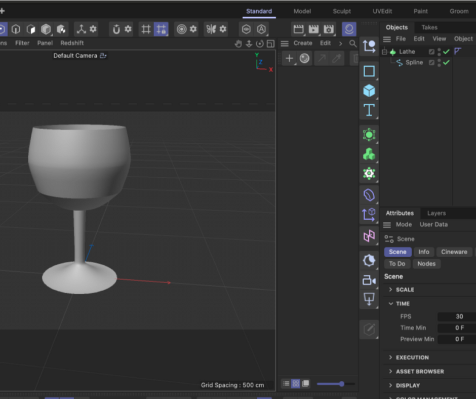 This is a practice model of a wine glass. I drew a spline of half the glass shape and used the Lathe tool to turn it into 3D. I learned this during Mark Shufflebottom’s class.