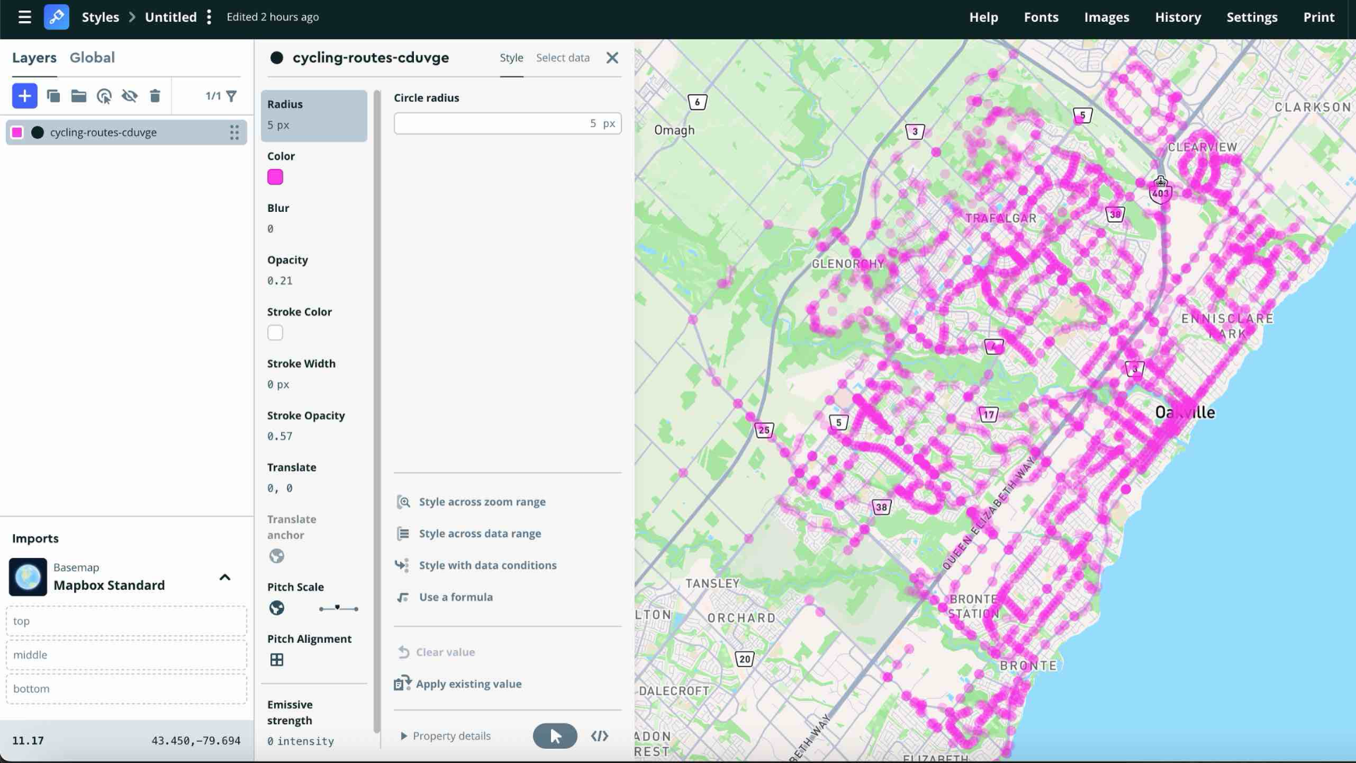 This was an experiment to get familiar with Mapbox Studio and how to visualize uploaded JSON data. I adjusted the data layer to display as circles and reduced the opacity to show where data points were more concentrated. This helped me understand how to represent density across areas, following the Module 2 tutorials that reference on bivariate mapping and improving how spatial data is visually communicated.