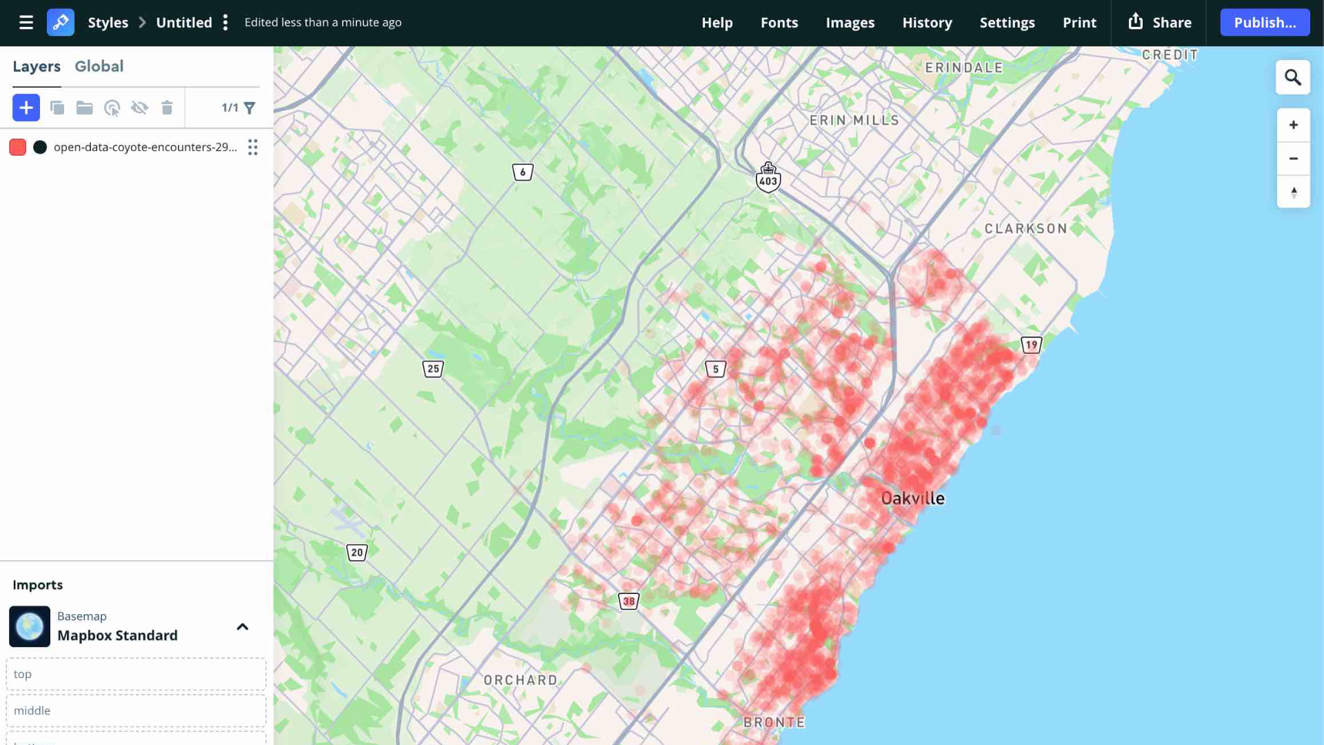 This screenshot shows the coyote sightings dataset from the tutorial in Steve’s Module 2 asset folder. Following his walkthrough, I uploaded the JSON data into Mapbox Studio and experimented with adjusting the color, size, and shape of the data points. This exercise helped me understand how to import external data and customize its visual presentation within Mapbox.