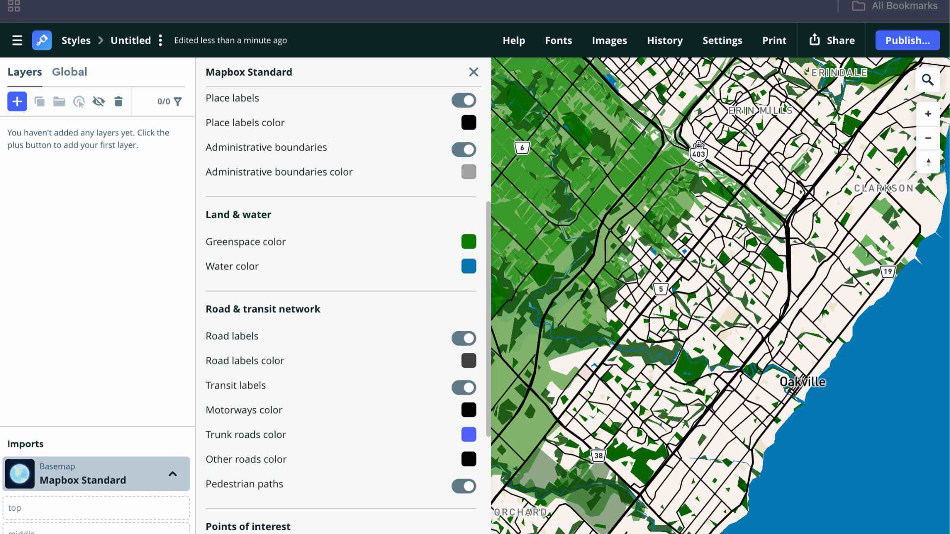 This experiment focused on changing the Mapbox Standard style settings to explore how map colors affect readability and visual tone. After deleting the Oakville cycling data, I adjusted elements like greenspace, water, and road colors to make the map appear more vibrant and less muted. In earlier versions of Mapbox, Steve mentioned a feature called Mapbox Cartogram, which allowed importing image color palettes for map styling, but this tool is no longer available.