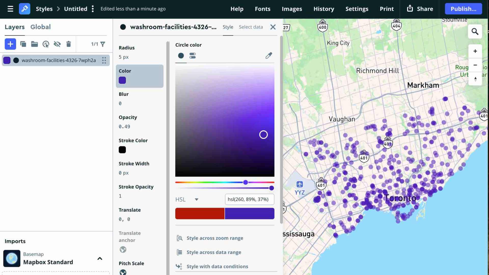 In this step, I experimented with adjusting the color and opacity of the public washroom facilities dataset in Mapbox Studio. I tested different transparency levels where some points appeared sheer and others more bold. I wasn’t completely sure if these differences represented the number of washroom stalls or another variable, but the process helped me better understand how data visualization settings can affect how information is interpreted.