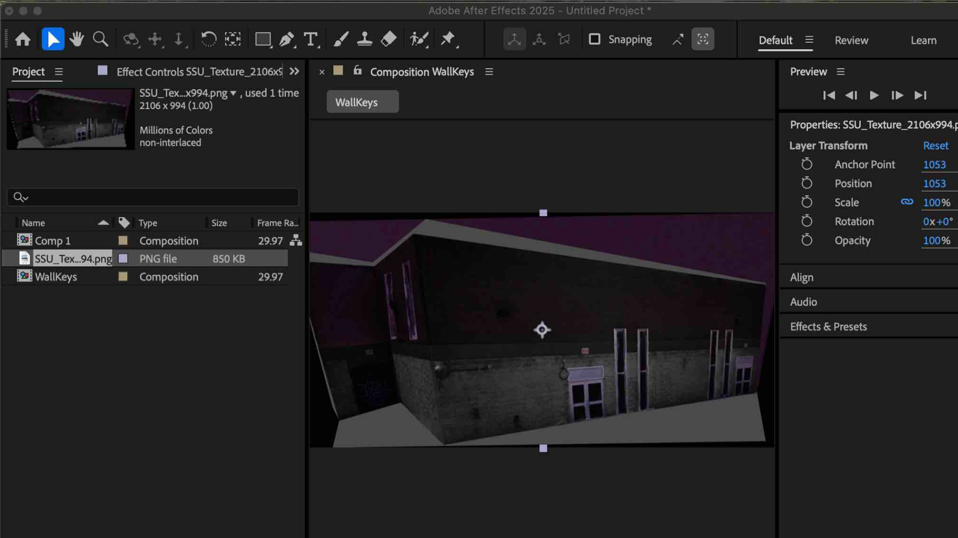This was part of a tutorial Steve uploaded to introduce projection mapping for Project 2. I followed along using the assets from the folder he provided. Here, I imported the SSU building image and began setting it up inside After Effects to start understanding how projection mapping works.