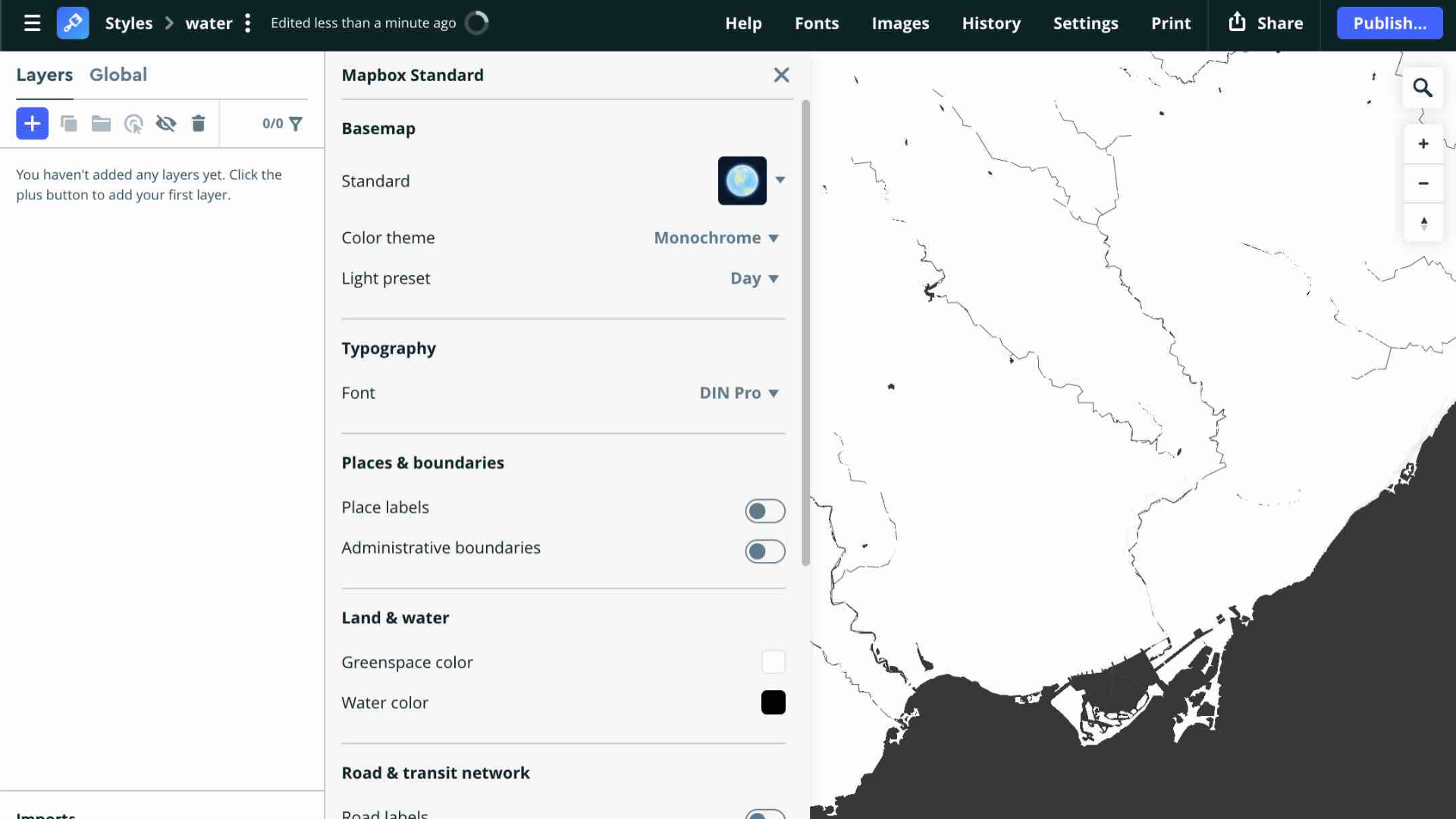 I changed the water color to black and the land color to white in Mapbox. This contrast helped me later when importing the PNG file into Illustrator for image tracing.