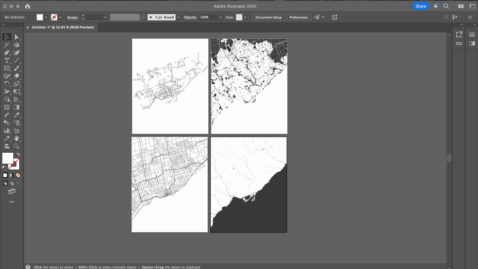 Here, I imported four separate PNG files into Illustrator: water, greenspace, cycling network, and roads. Each layer represented different map data I planned to engrave together as a multi-layered design.