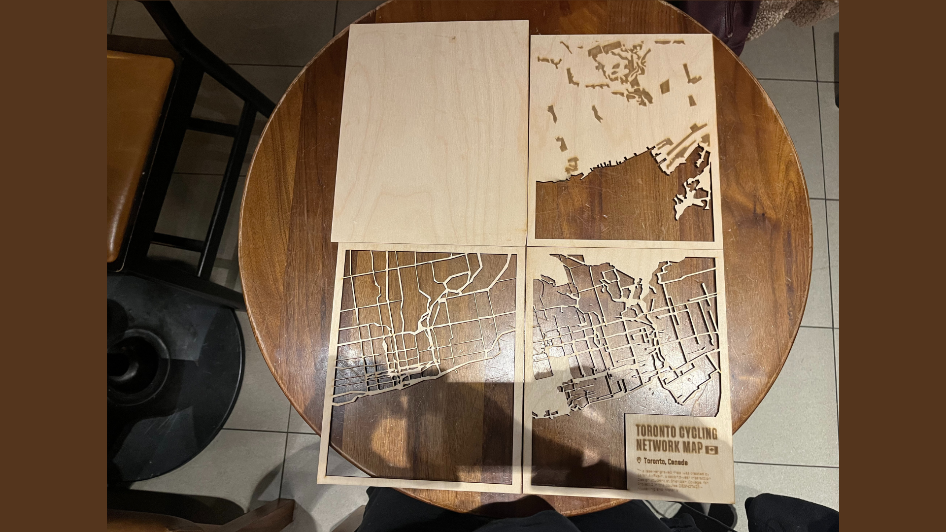 Here, I laid out all the layers of my project to show how they would stack together. Each panel represents different map data — roads, greenspace, and cycling paths — to form the full Toronto layout once assembled.