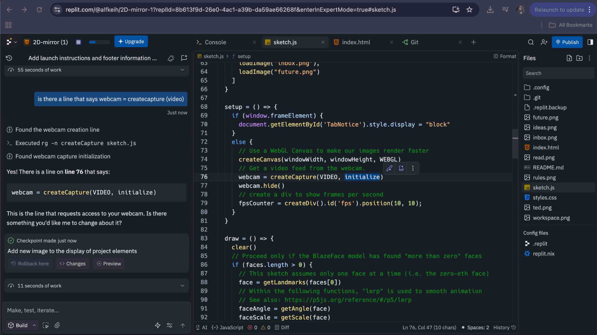 Here I looked closely at the x: lerp(data.landmarks[0][0], face.rightEye.x, 0.5) line and learned that landmark index 0 is the right eye; the code uses lerp to smoothly blend between the new BlazeFace position and the previous one so the motion is less jittery.