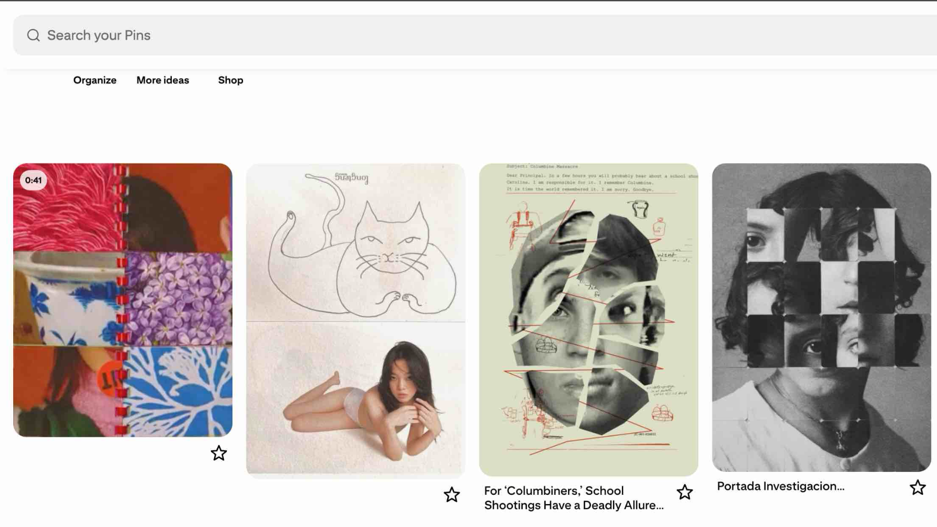 This Pinterest mood board shows the visual styles I’m thinking about, like collage, fragmented portraits, and layered storytelling.