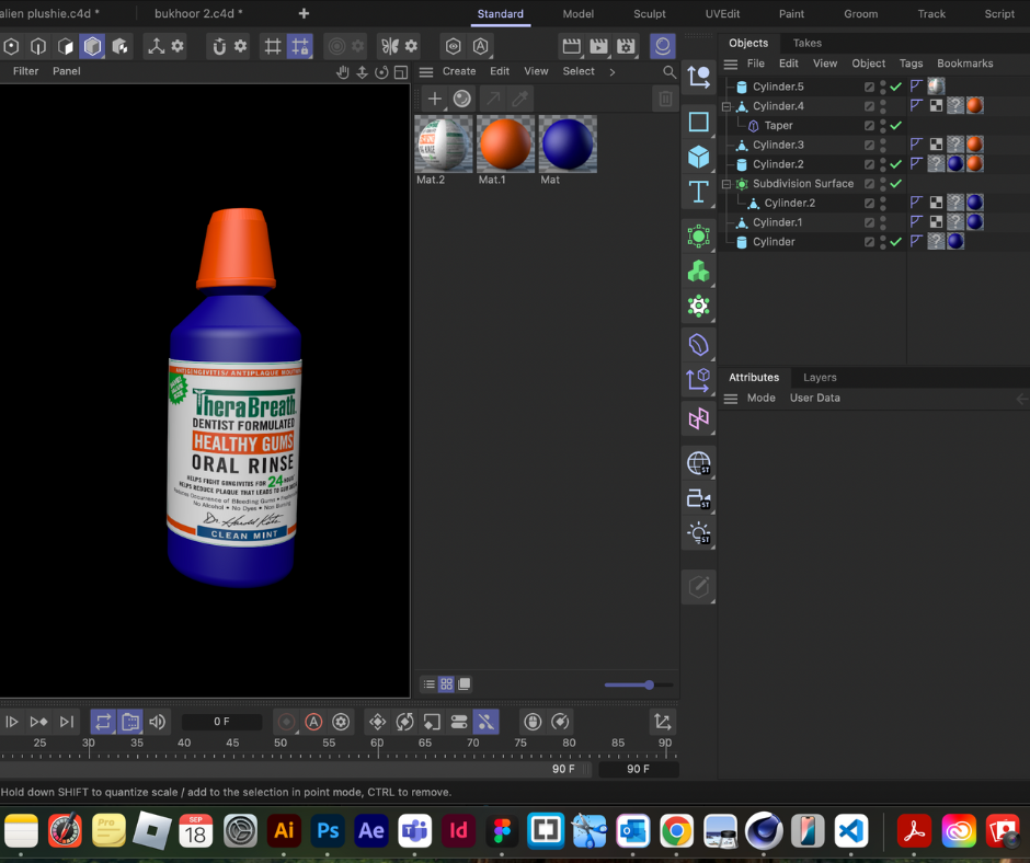 I modeled the TheraBreath bottle by making it in parts: the body, the shoulder, the neck, and the cap. I made the cap taper by scaling it myself and added the real label image as a texture. I tested the texture many times until it wrapped around correctly. AI explained which primitives were good to use and how fillets make the edges smooth, but I set up the label and adjusted the textures on my own.