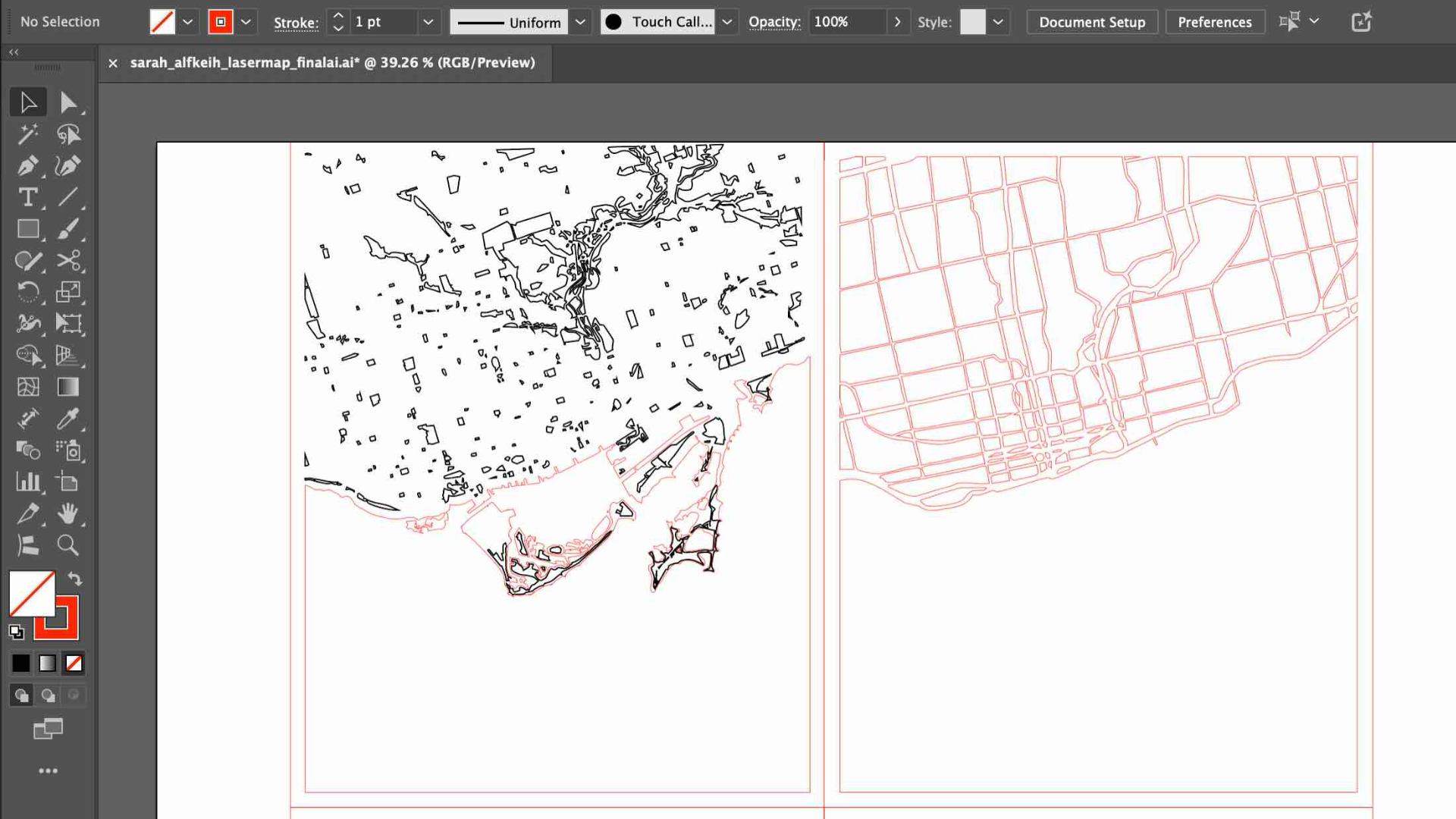 Here, I imported my exported map into Adobe Illustrator and used Image Trace to prepare it for laser engraving. This was part of my experimentation process for after Activity 1 and Activity 2, showing how I tested different map outlines and line thicknesses. This specific version wasn’t the final one I printed, as my test engraving at the Fab Lab showed the lines were too thin, so I planned to adjust and refine it later.