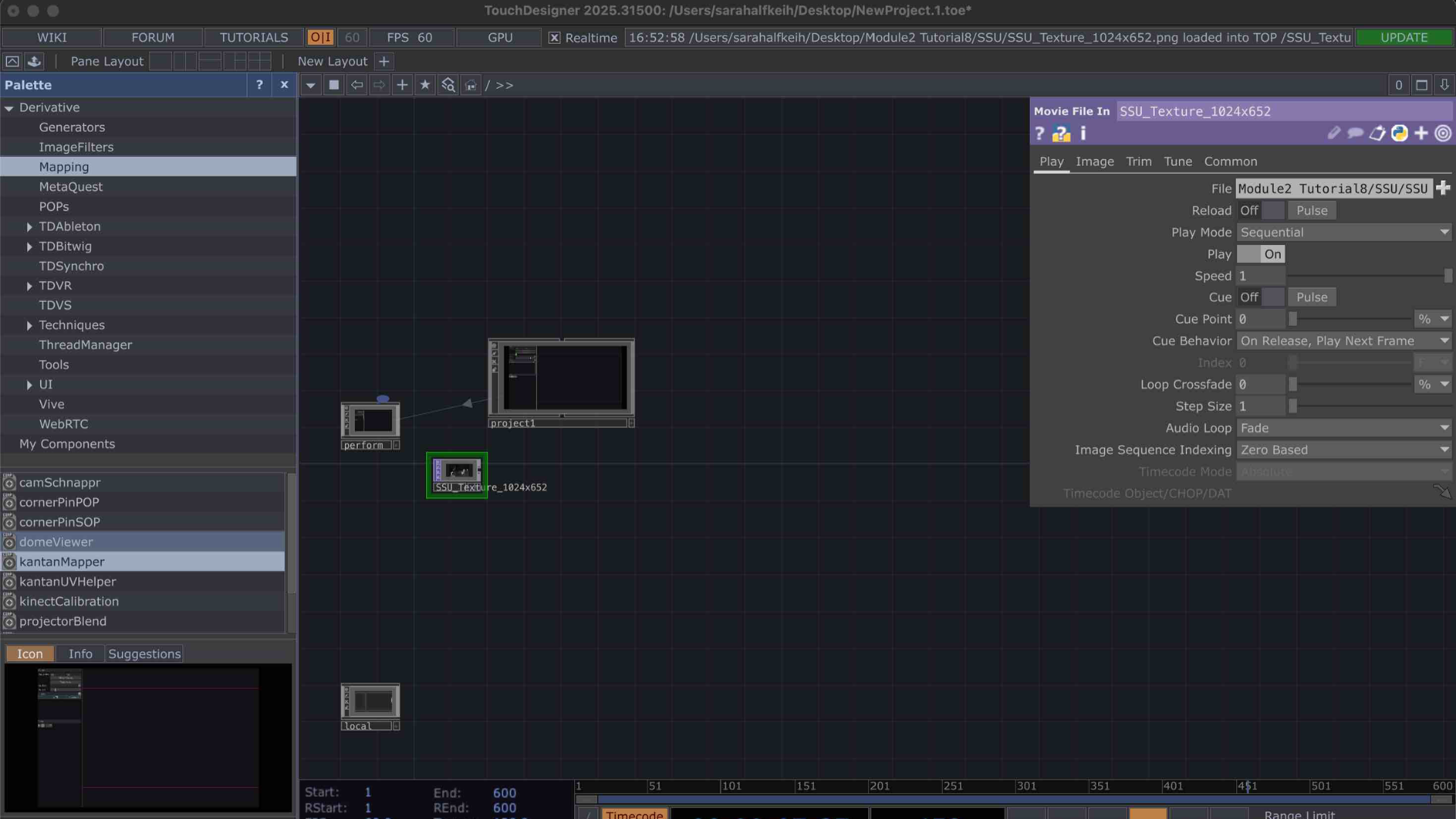 This was from one of Steve’s tutorials introducing projection mapping using TouchDesigner. We were asked to download an asset folder and follow the tutorial step-by-step. Here, I loaded the building texture image (SSU) into the project and connected it to the network to start the setup.