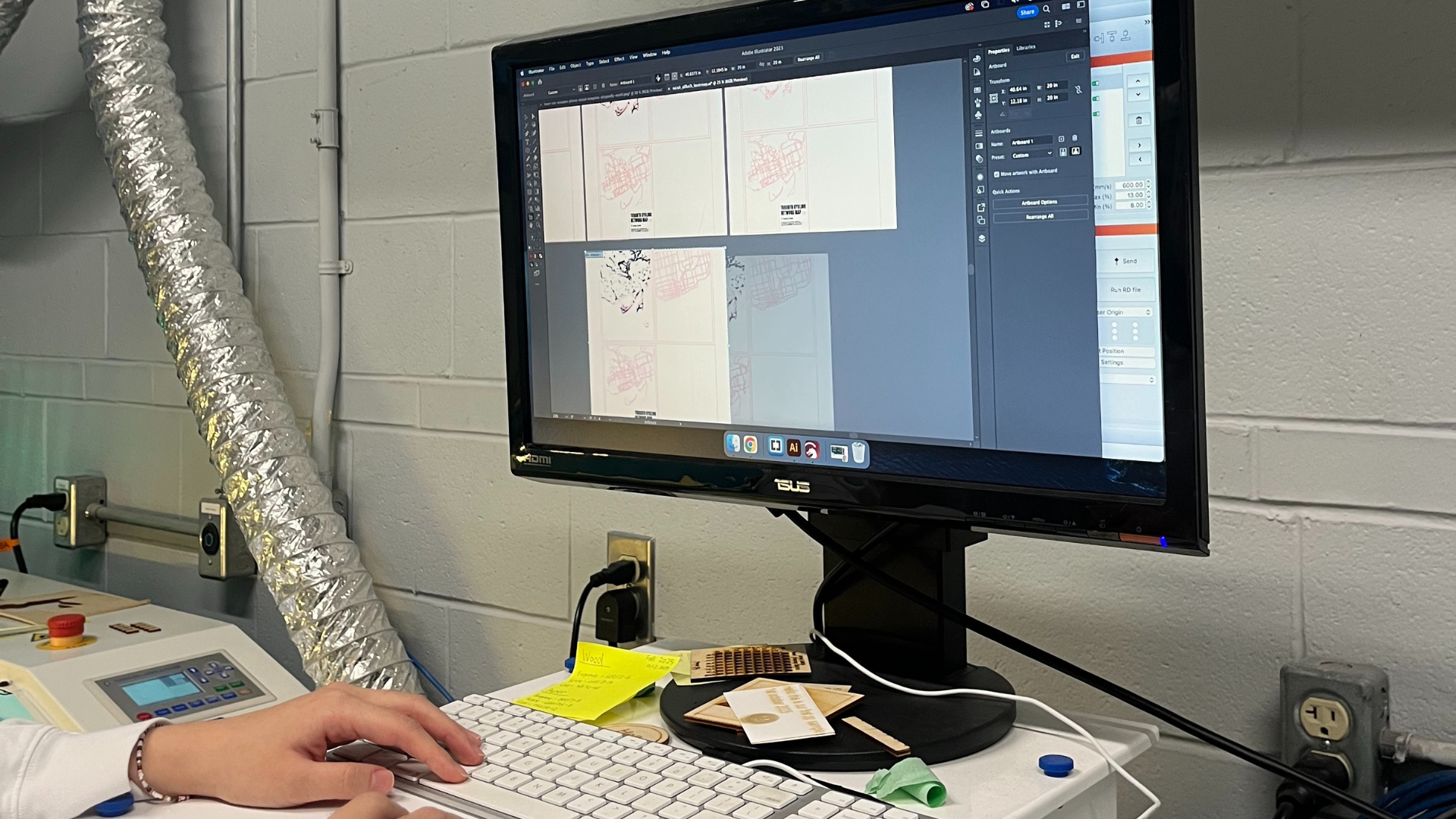The technician mentioned that my original map design was too detailed for the laser to cut cleanly. To demonstrate, she ran a few short test cuts of selected areas. We agreed that it would make useful process documentation for my project.