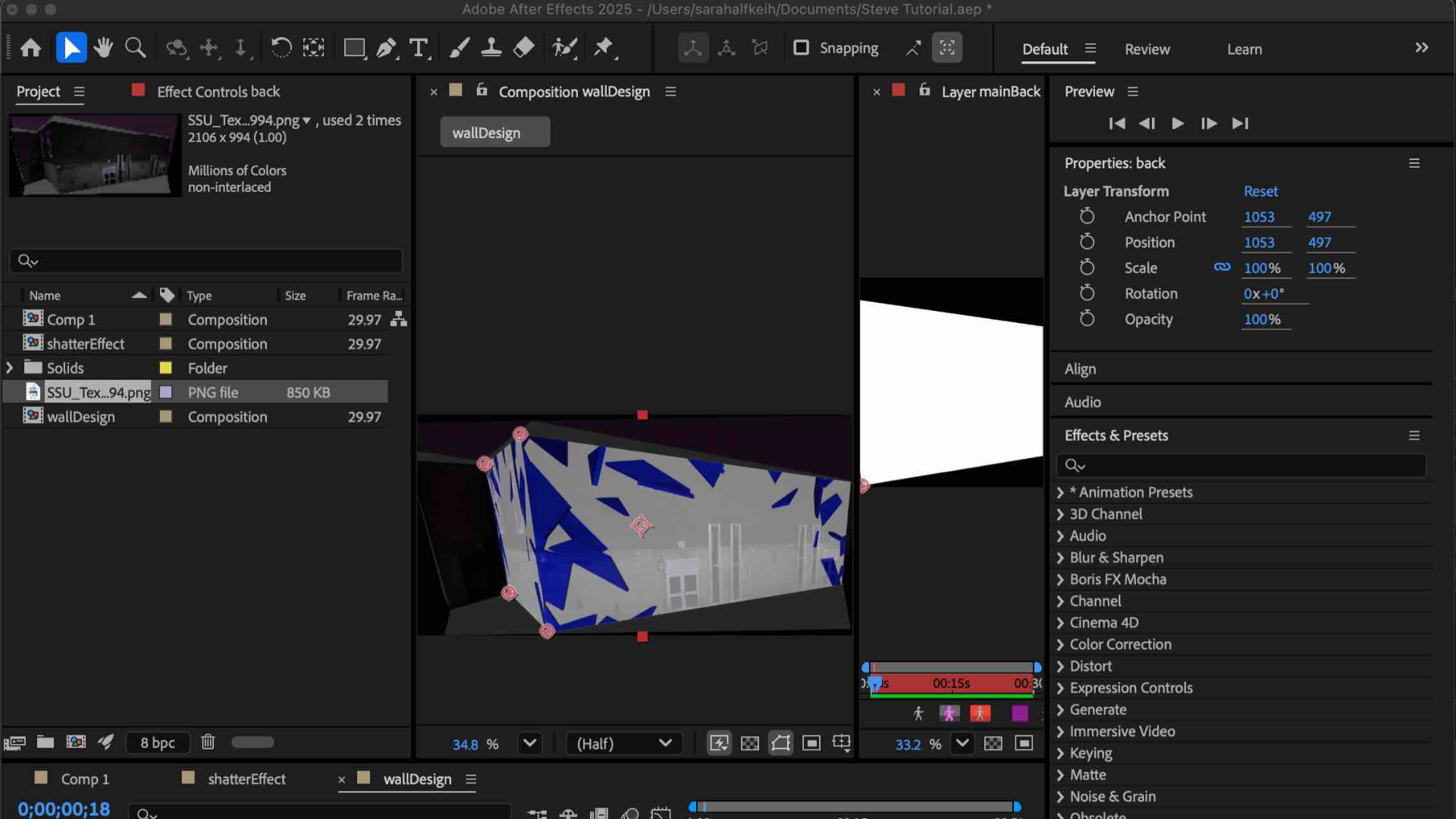 This part of the tutorial focused on adding a “shatter” or broken glass effect to the wall. I followed Steve’s instructions and used the shape and force tools to control how the wall appeared to break apart.