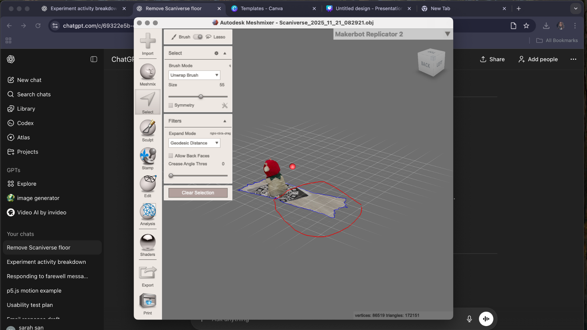 Meshmixer – Selecting the Floor for Deletion