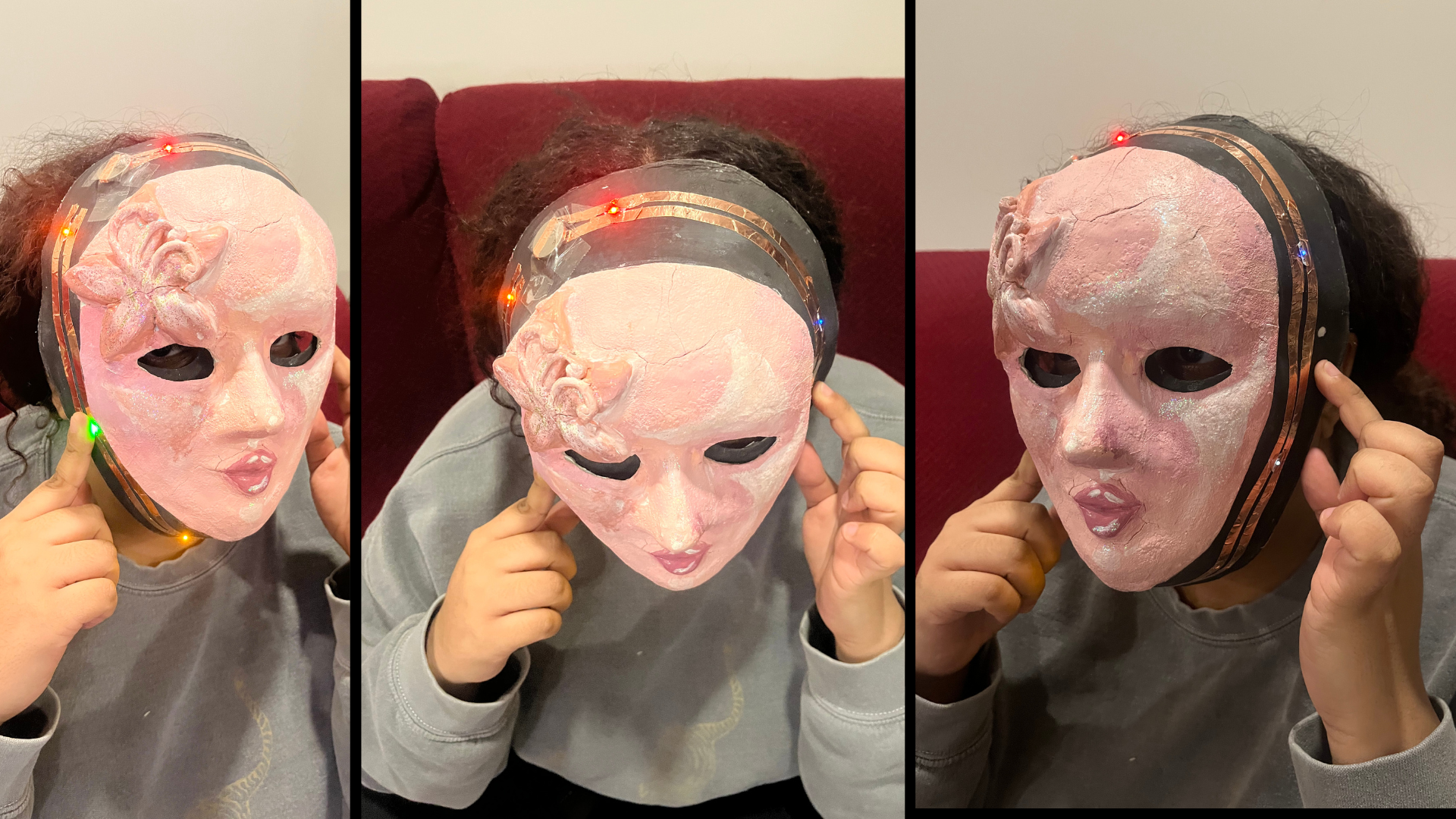 This image shows the mask with LEDs activated, demonstrating how the circuit wraps around the head. It also shows the opposite side of the mask lighting up, highlighting how the copper tape circuit runs continuously around the form.