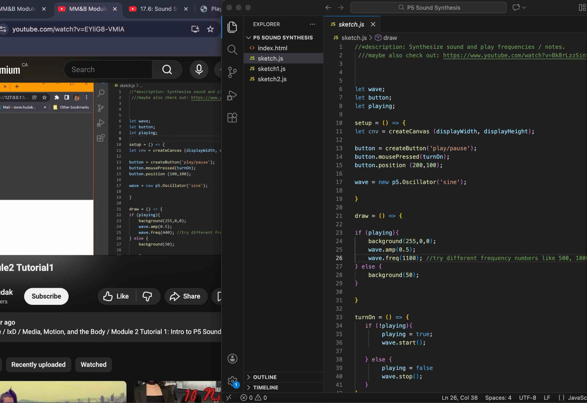 In sketch.js, I was watching the first tutorial and learning how p5.sound works to better understand my resources, which included both the p5.js sound reference and the Coding Train tutorial.

