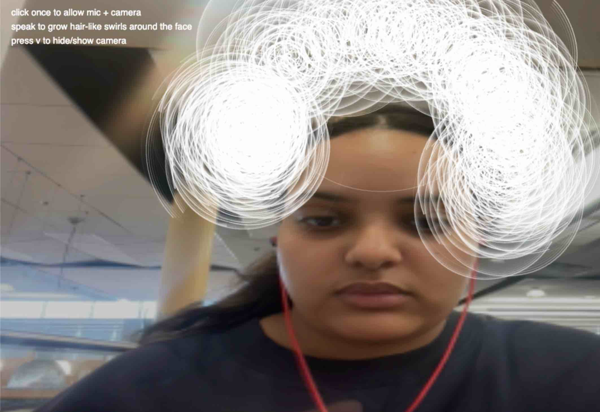This p5.js experiment uses p5.AudioIn() and createCapture(VIDEO) to generate swirl forms that grow around the face when sound is detected. I used mic.getLevel() to capture live microphone input and lerp() to smooth the sound level so the swirls respond more naturally. The webcam feed is brought in with cam.loadPixels(), and I wrote a custom findFaceAnchor() function that scans a focused area of the webcam image, looks at brightness values, and estimates where the face is located. That face anchor becomes the main guide for where the swirls should appear. Instead of placing the swirls randomly, I used getHairSpawnPoint() to spawn them mostly around the left side, right side, and top of the face so they feel more like hair. Each swirl is built as a separate JavaScript class, with its own size, growth, drift, rotation, and lifespan. In p5, I drew them using beginShape(), vertex(), cos(), sin(), noise(), and rotate() so they feel less rigid and more organic. I also used mousePressed() to unlock browser audio permissions, keyPressed() to toggle the camera on and off, and windowResized() to keep the sketch responsive.