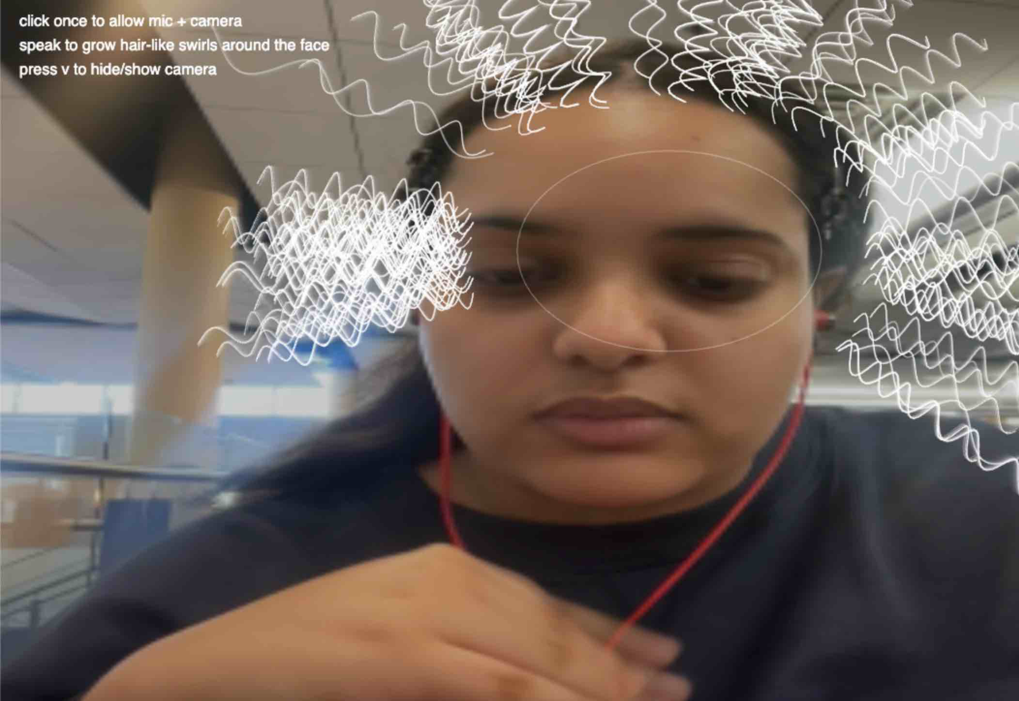 This p5.js experiment builds on my earlier face-swirl tests, but this version pushes the lines closer to actual curl structures. I used p5.AudioIn() and mic.getLevel() to capture live microphone input, then smoothed the sound with lerp() so the curls grow in a more controlled way. The webcam is brought in through createCapture(VIDEO), and I use cam.loadPixels() inside a custom findFaceAnchor() function to estimate where the face is by scanning brightness values in the upper-middle part of the webcam image. That gives me a face anchor to build the curls around instead of placing them randomly. Once the face position is estimated, getHairSpawnPoint() places new strands mostly around the left side, right side, and top of the face so they read more like hair. The curls themselves are made through a JavaScript class called HairSwirl, where each strand has its own length, loop radius, loop count, direction, weight, and lifespan. In p5, I draw them using beginShape(), vertex(), sin(), and cos(), which lets the line loop back and forth as it grows. That is what gives the strand a more curly, hair-like look instead of a simple spiral. I also used mousePressed() to activate the mic, keyPressed() to hide or show the webcam, and windowResized() to keep the sketch responsive. I started to visualize how this could be used as a filter on a social media platform.