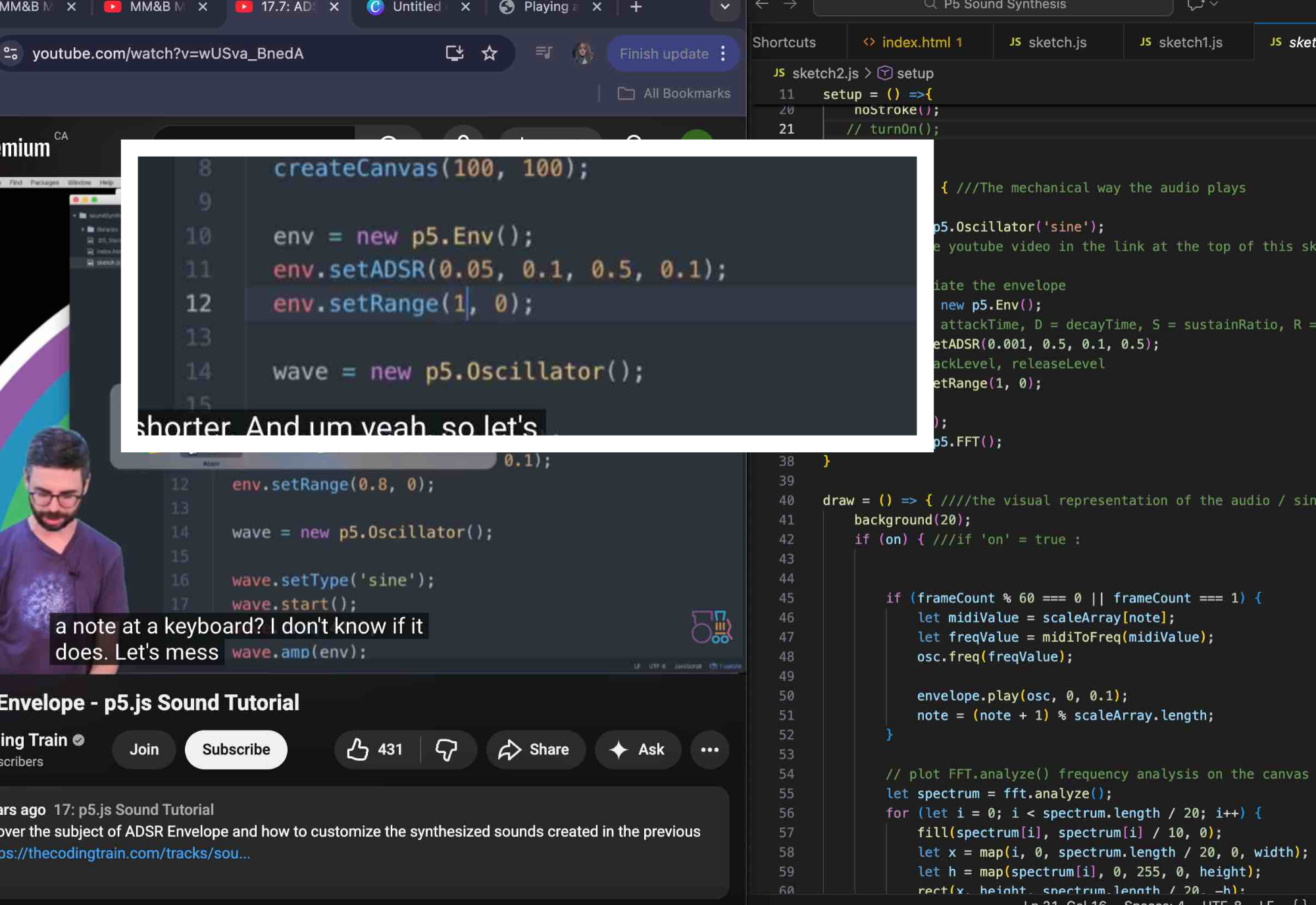 Here, I watched the sketch2.js Coding Train tutorial that was recommended. He explained the stages of the envelope—attack, decay, sustain, and release—and how to use them in p5.Env(). The code that is cut out and pasted with a white border is from the tutorial, where I learned that 0.05 is attack, 0.1 is decay, 0.5 is sustain, and 0.1 is release. In the tutorial, he also demonstrated how these values affect the sound.